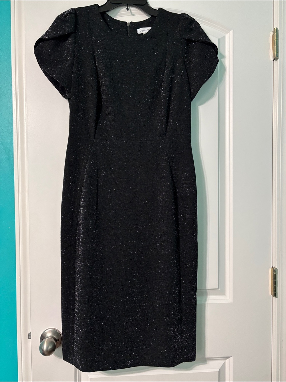Calvin Klein Black Sparkle Puff-Sleeve Midi Dress